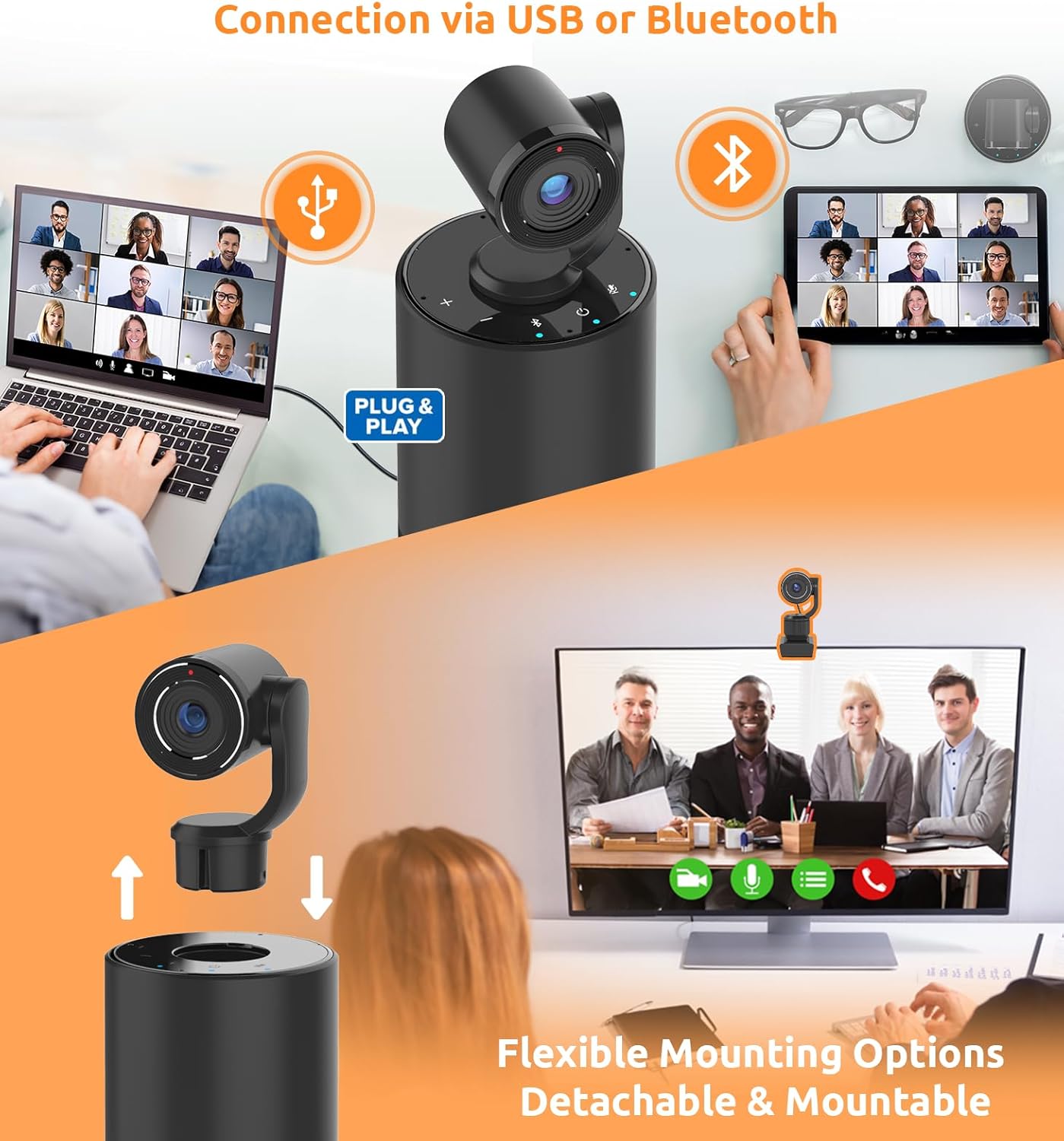 TOUCAN Video Conference Camera with 4 Noise-Cancelling Mics, Speaker, Adjutable Camera, 1080p Detachable USB Webcam Plug and Play Works with Zoom, Microsoft Teams and More, for PC/Mac/Laptop