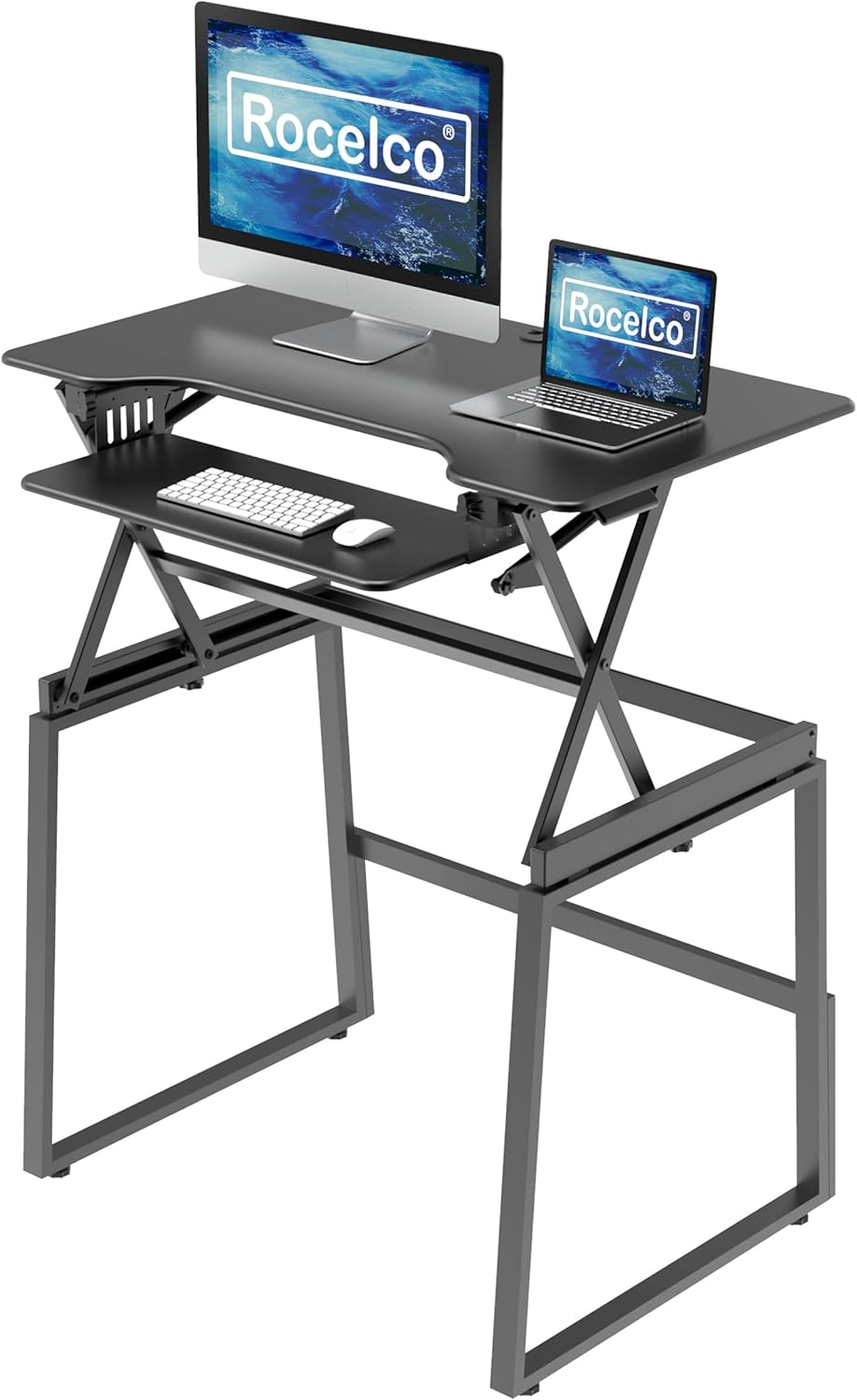 Rocelco 40" Large Height Adjustable Standing Desk with AC Outlet USB Charger and Floor Stand BUNDLE - Tall Dual Monitor Riser Computer Workstation - Keyboard Tray - Black (R DADRB-40-ACUSB-FS2)