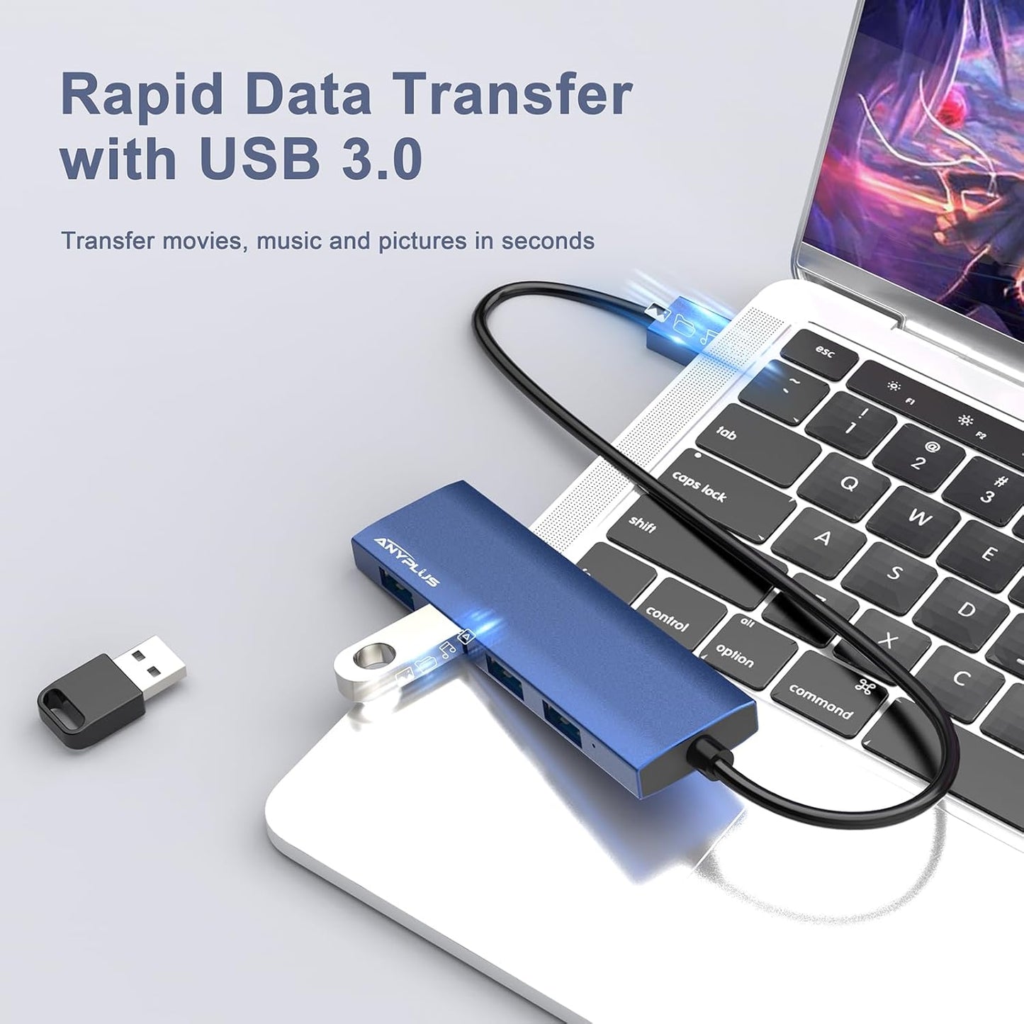 USB Hub, USB 3.0 Hub Aluminum Alloy Ultra Slim USB Splitter, Portable 4 Port USB Extender, USB Hub for Laptop, PC, MacBook, iMac, Surface Pro, Mac Pro, Flash Drive, XPS 【Blue】