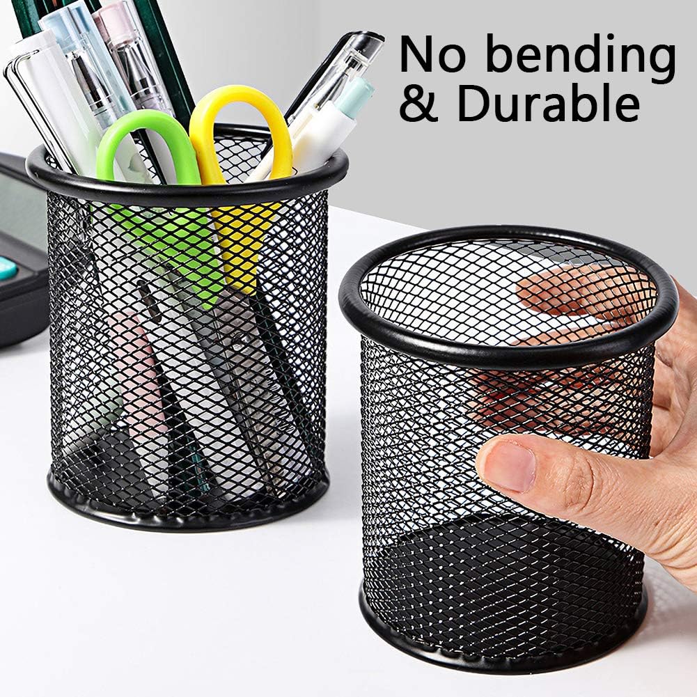 Ameceres 4 Packs Wire Mesh Pencil Holder Metal Pen Cup Desk Pen Organizer Case Pencil Jar Black for Office Home (Black)