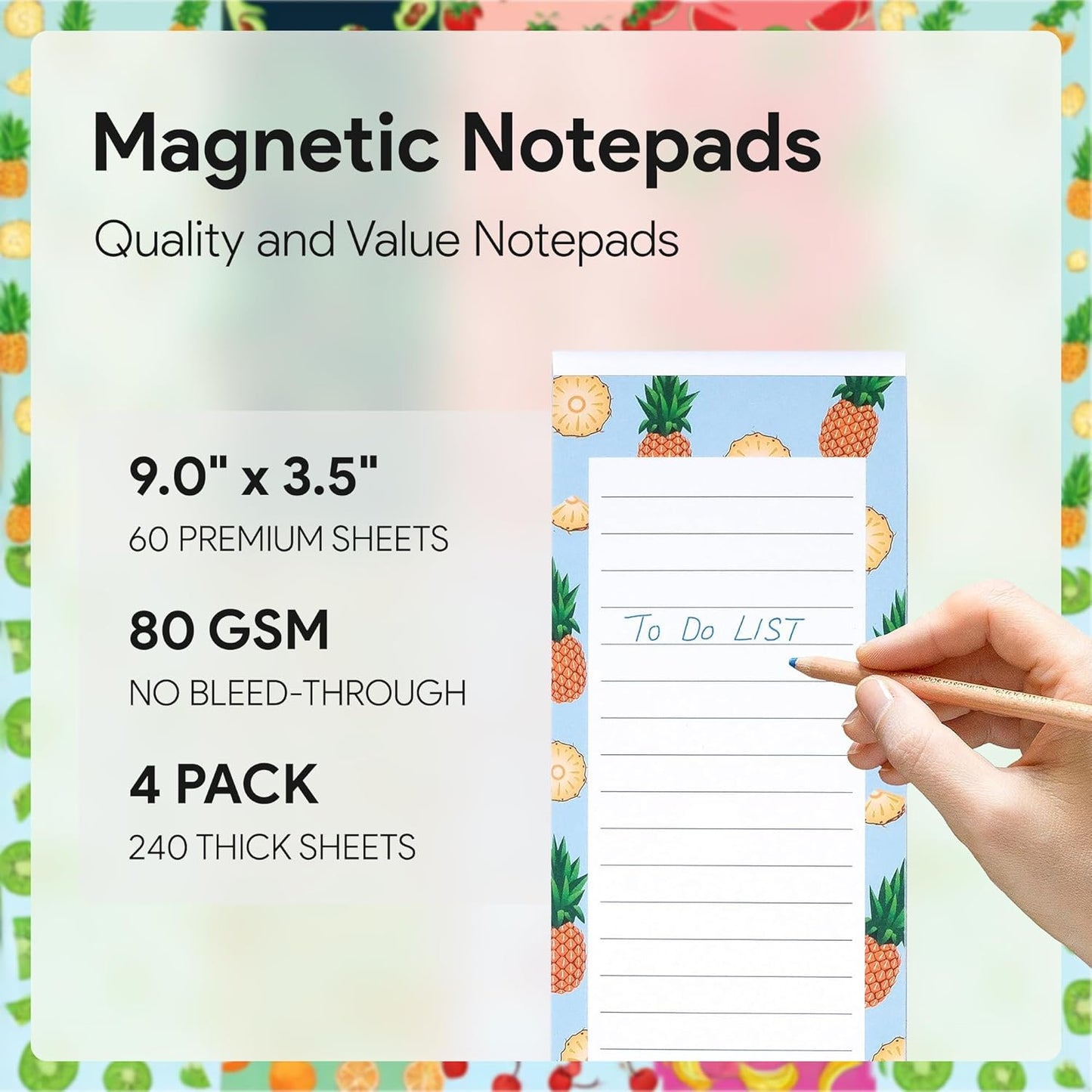 4 Large Magnetic Notepads – Big Notepads for Grocery List, Shopping List, To-Do List, Reminders -Strong Magnetic Back- Memo Pads with Realistic Fruit Designs | 60 Sheets per Pad 9 x 3.5 inch (4 Pack)