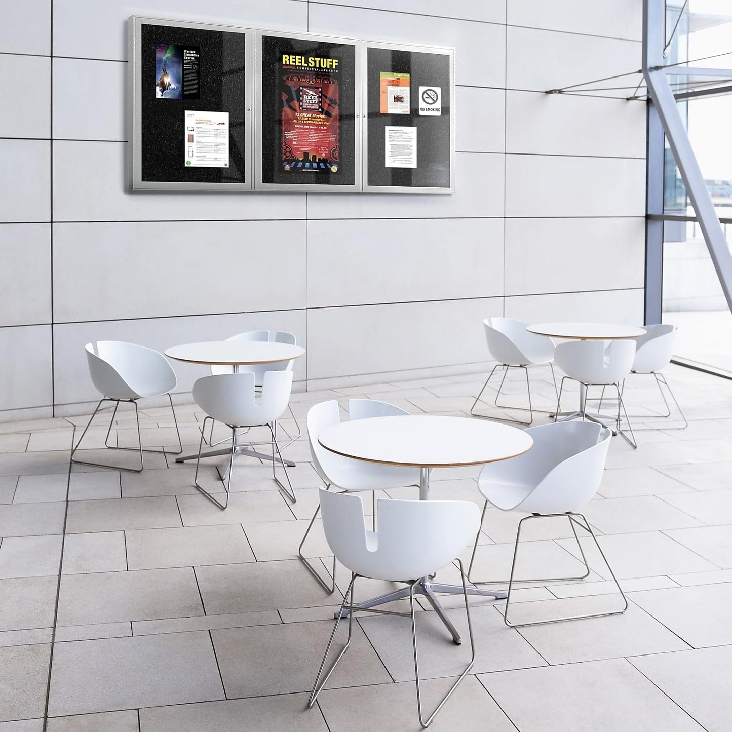 Ghent 48" x 96" 3-Door indoor Enclosed Recycled Rubber Bulletin Board, Shatter Resistant, with Lock, Satin Aluminum Frame,Confetti (PA34896TR-CF)-Made in USA