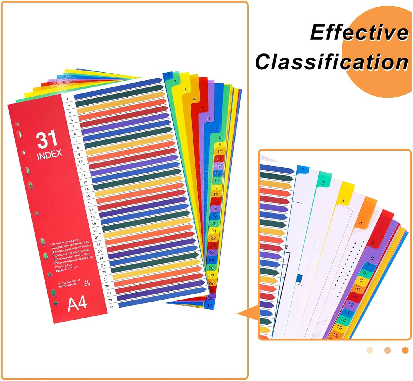 1-31 Tab Dividers, Plastic Binder Dividers for 2/3/4 Ring Binder, Customizable Table of Contents, Multicolor Number 1-31 Tabs, 5 Sets/ A4 Size