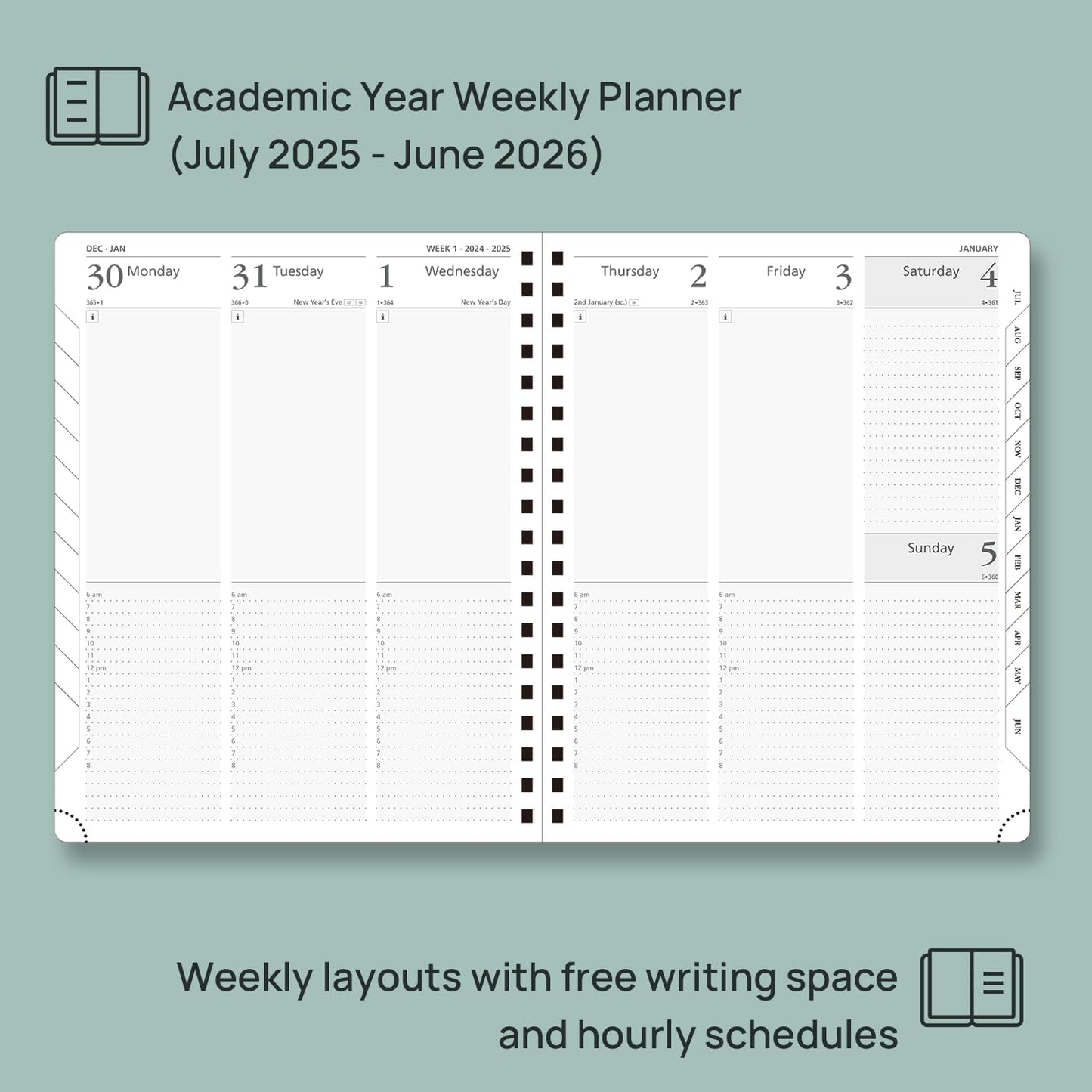 POPRUN Academic Planner 2025-2026 (July 2025-June 2026), Daily Weekly and Monthly Appointment Book (Wirebound Hard Cover - 10'' x 8'') with Hourly Time Slots, Tabs, 100 GSM - Violet