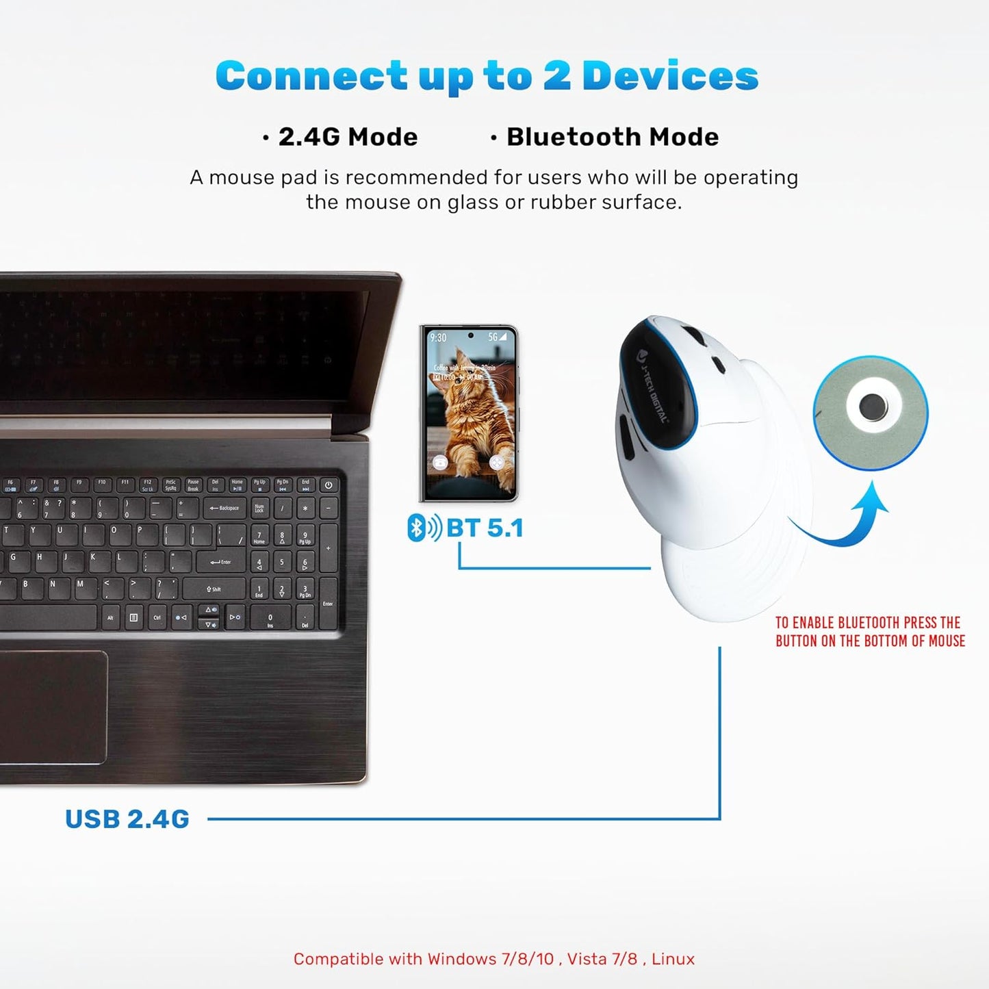 J-Tech Digital Wireless Mouse, Vertical Ergonomic Mouse with Bluetooth Dual Modes + USB Dongle + Rechargeable w/ 2.4GHz Wireless + Adjustable DPI 3200 for Laptop, Desktop, PC, Mac [V638W], White