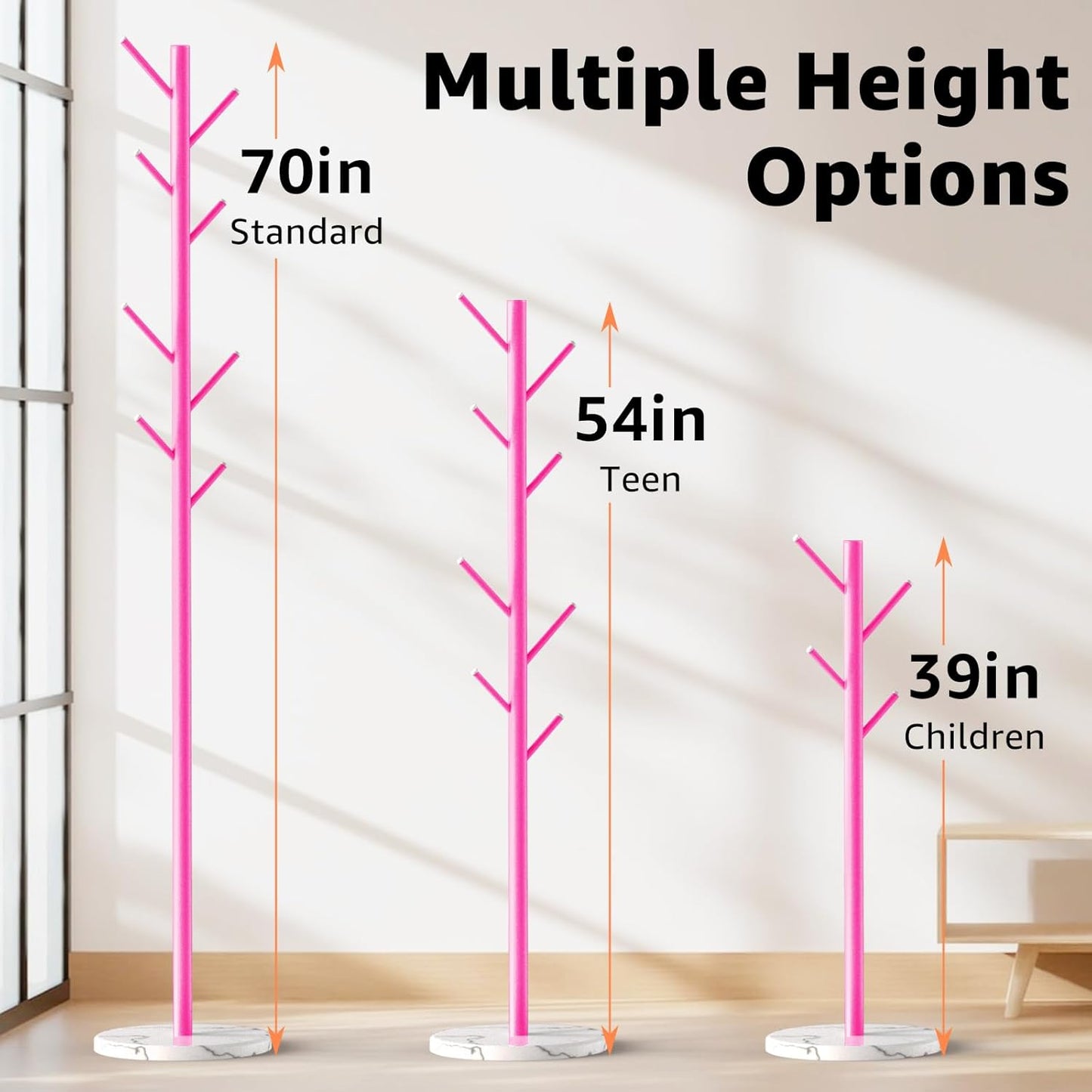 Coat Rack with Natural Marble Base, Metal Freestanding Coat Rack with 8 Hooks, 3 Adjustable Size Sturdy Coat Tree for Bags, Coats, and Hats for Entryway, Hallway, Bedroom, Office, Pink