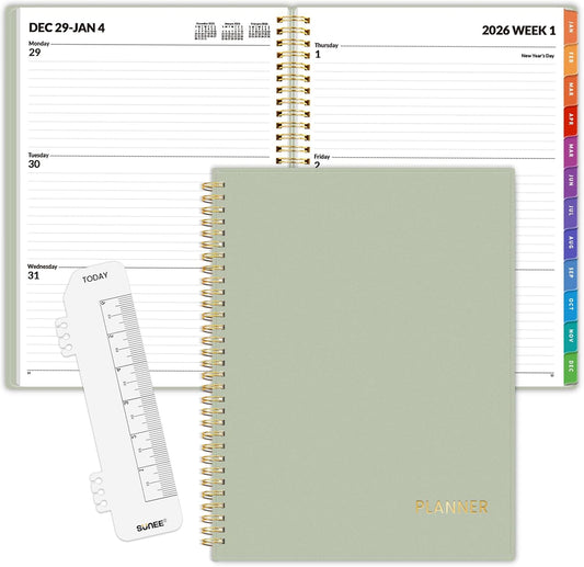 SUNEE 2026 Weekly and Monthly Planner - from January 2026 - December 2026, 8.5"x11" Daily Agenda Planner with Monthly Tab, Flexible Cover, Note Pages, Pockets, Bookmark, Spiral Binding, Sage Green