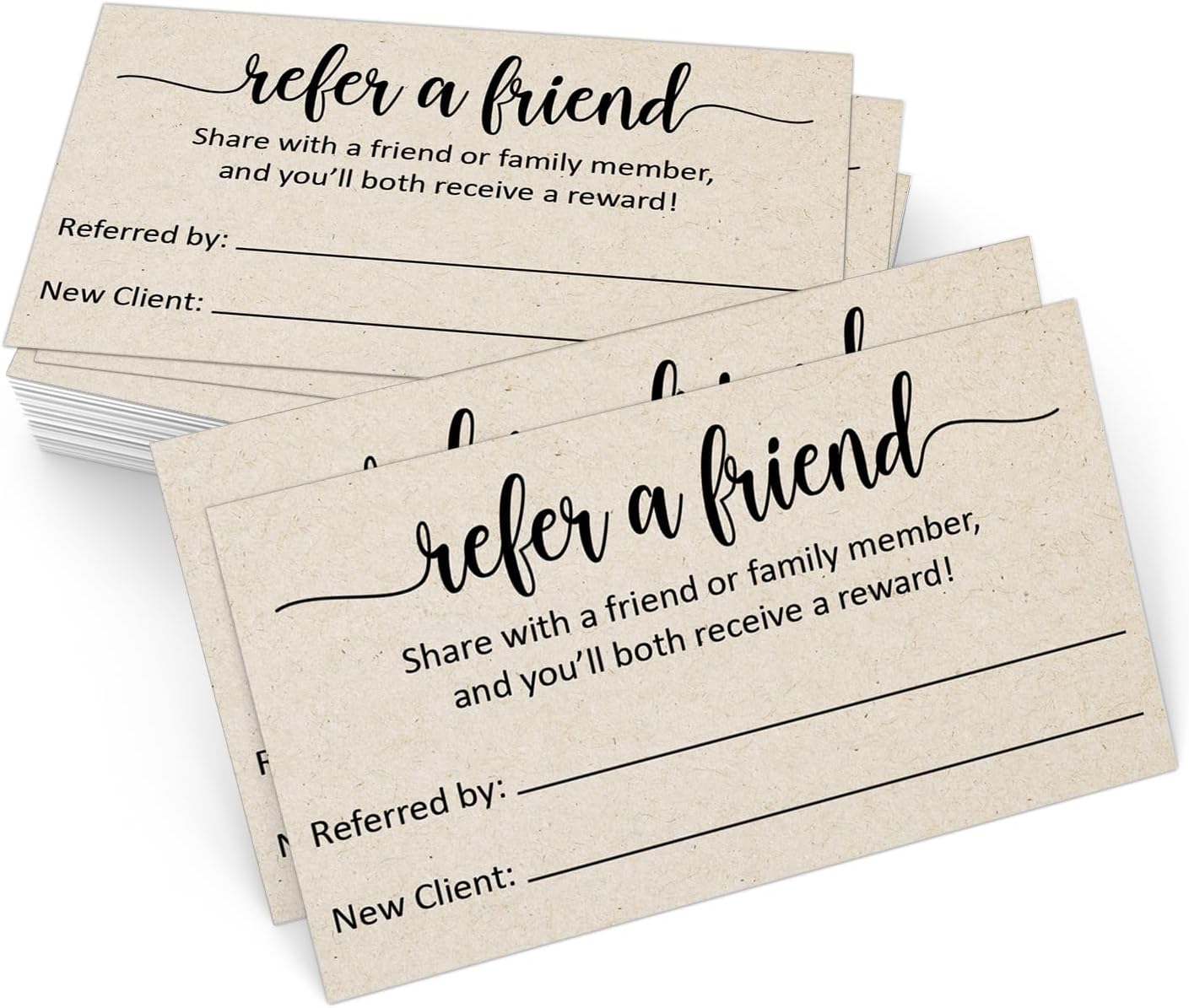 321Done Refer a Friend Card, Made in USA - 3.5x2 Kraft Tan, Customer Referral Discount Cards, Reward for Small Business Referrals Salon Spa - Pack of 50