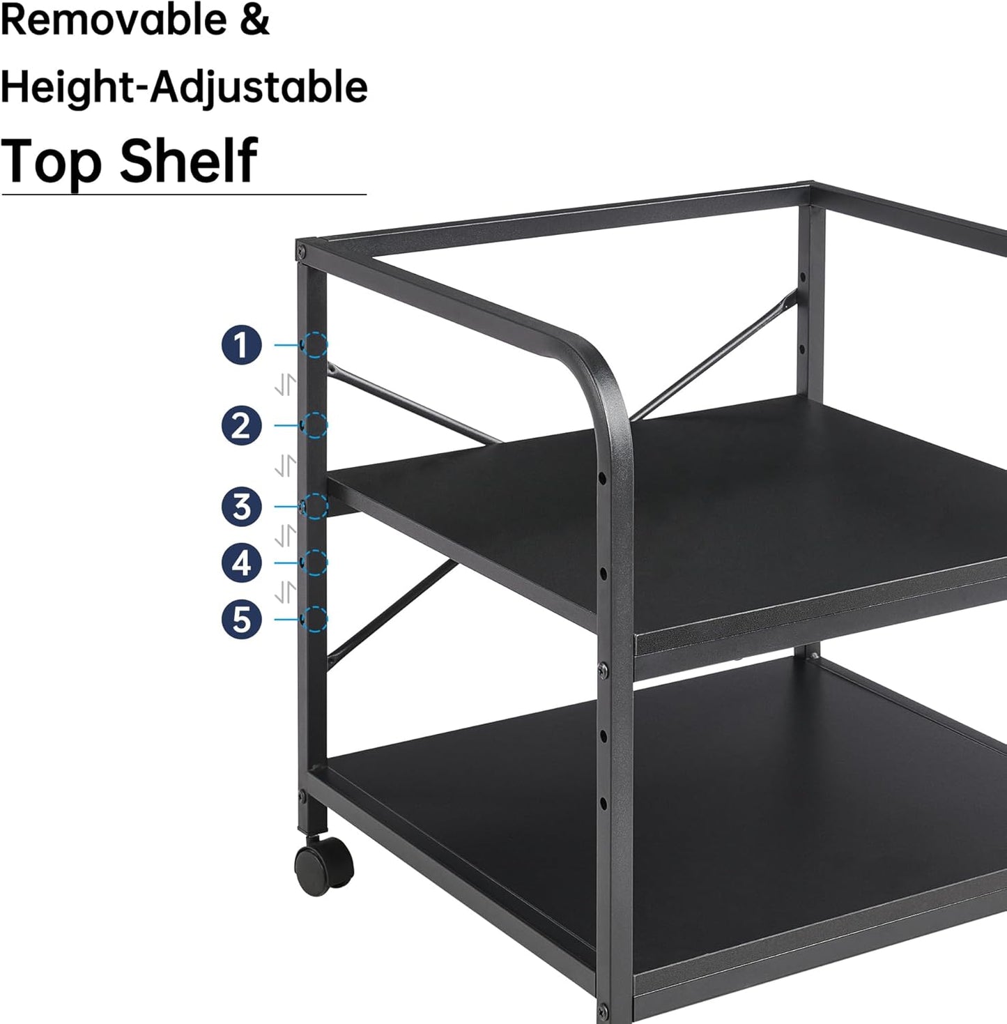 2 Tier Under Desk Printer Stand with Storage, 20 Inches Deep Large Printer Table with Height Adjustable Shelf, Rolling Printer Cart with Wheels for Home Office - Black