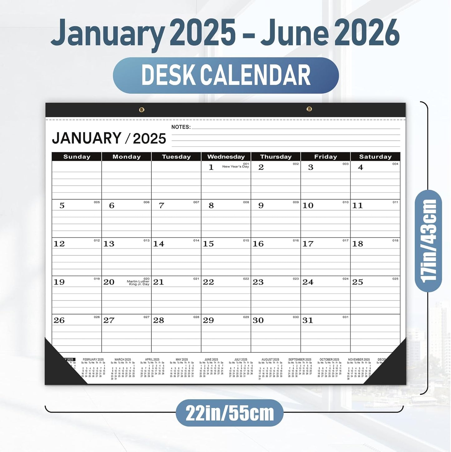 Desk Calendar 2025,January 2025 to June 2026,Large Desk calendar 2025-2026,Desk Calendar 2025-2026 Large 22x17,Classroom 2025 Calendar 22x17" with Round Holes& NOTES List (Black),18 Months Calendar 2025