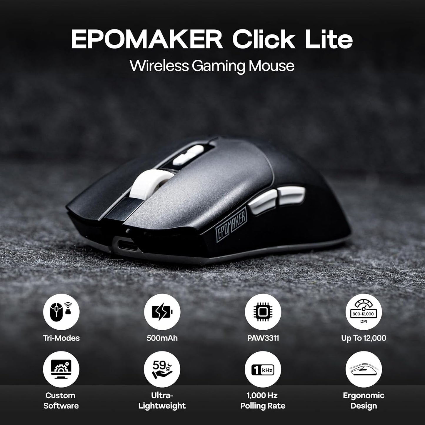 EPOMAKER Click Lite Wireless Gaming Mouse, 800 to 12,000 DPI Adjustable, PAW3311 Sensor, 500mAh, 59g, 2.4G/BT/USB-C Rechargeable Wireless Mouse with 5 Programmable Buttons for PC/Mac/Linux (Black)