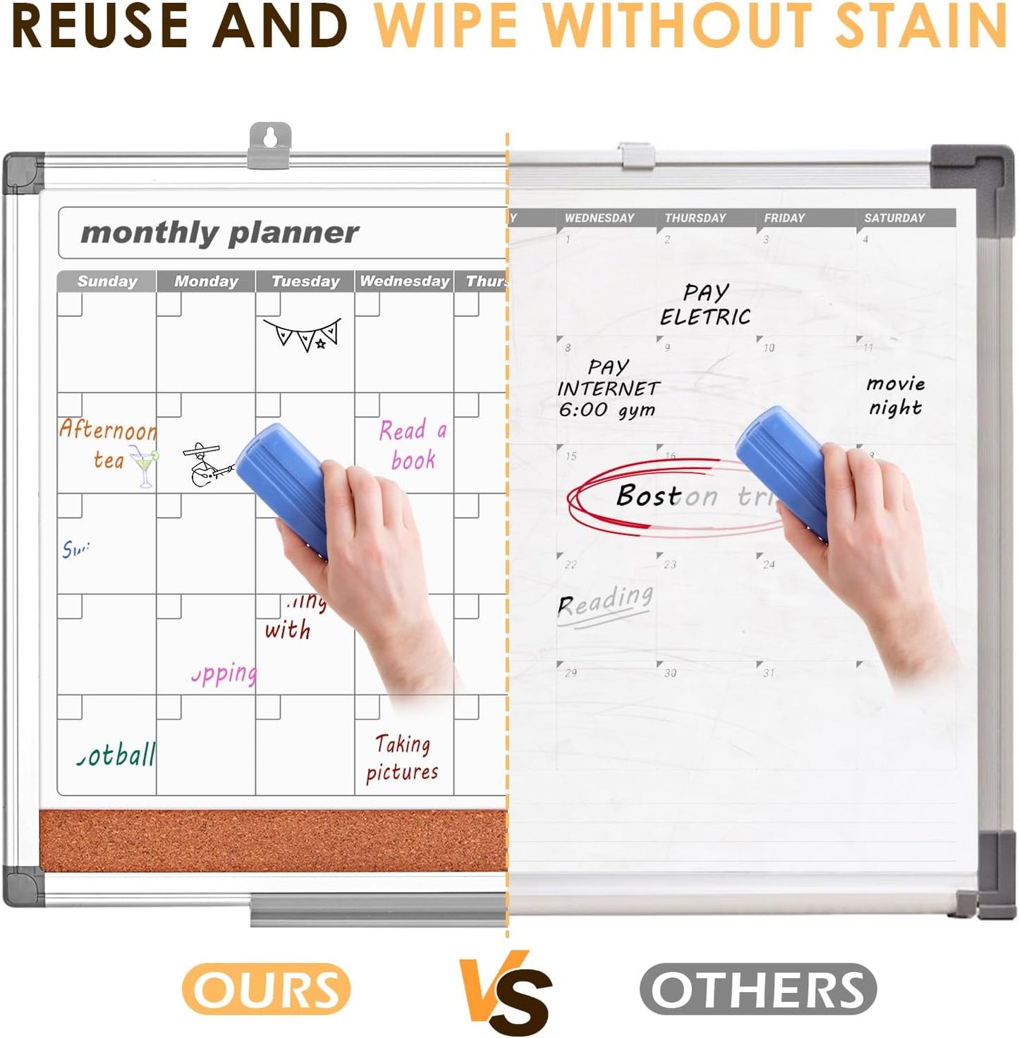 MAKELLO Dry Erase Calendar for Wall 24x18 in, Whiteboard Calendard with Cork Board for Office, Home, School, Family, Kitchen and Bedroom