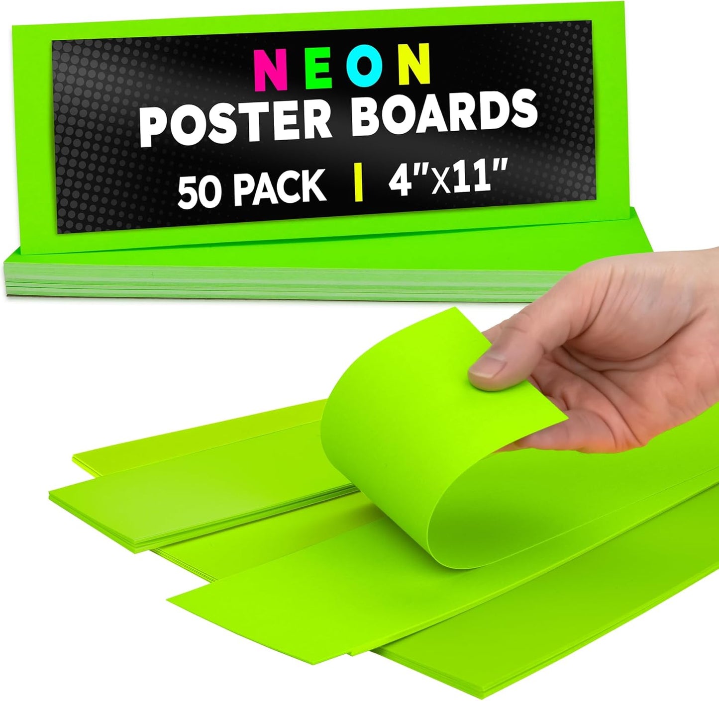 Hygloss Small Poster Board 4x11 - 50 Neon Green Single Color Poster Boards Bulk Pack - 10 Pt. Thickness Colored Poster Board Paper for Projects, Flash Cards, Signs - Posterboard Multipack 4" x 11"