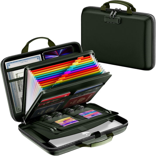 Fireproof Document Box, Hard Case Fireproof File Organizer Box with Lock and 13 Pocket Accordion File Folder, Portable Safe Box for Home Office Travel to Storage Important Documents Laptop Green