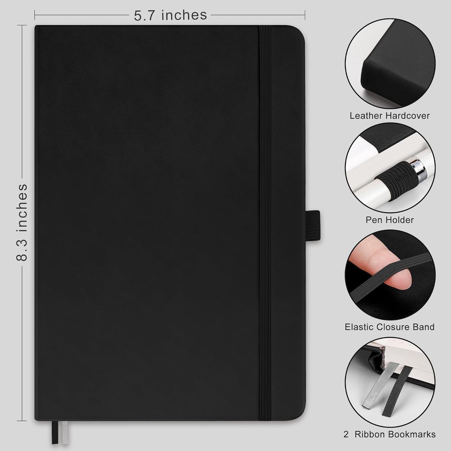 RETTACY Bullet Dotted Journal Notebook, 2-Pack, 160 Numbered Pages per Pack, A5 Medium Size (5.7'' x 8.3''), 120 GSM Thick Paper, Leather Hardcover, for Bullet Journaling (Black & Black)