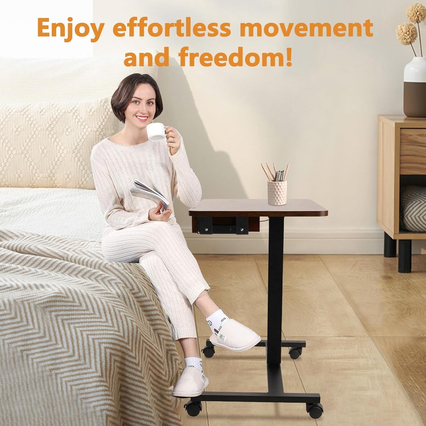 CLATINA Mobile Laptop Standing Desk, Height Adjustable Teacher Podium with Lockable Wheels, Adjustable Work Table with Drawer, Computer Cart Overbed Table for Home Office Classroom, Brown