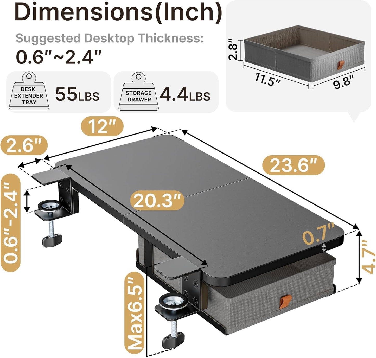 Desk Extender Tray, 24" x 12" Clamp On Desk Shelf, Desk Extension with Storage Drawer, Table Desk Arm Rest, Clamp On Keyboard Tray for Office and Home, Workstation Organizer, Medium, Black