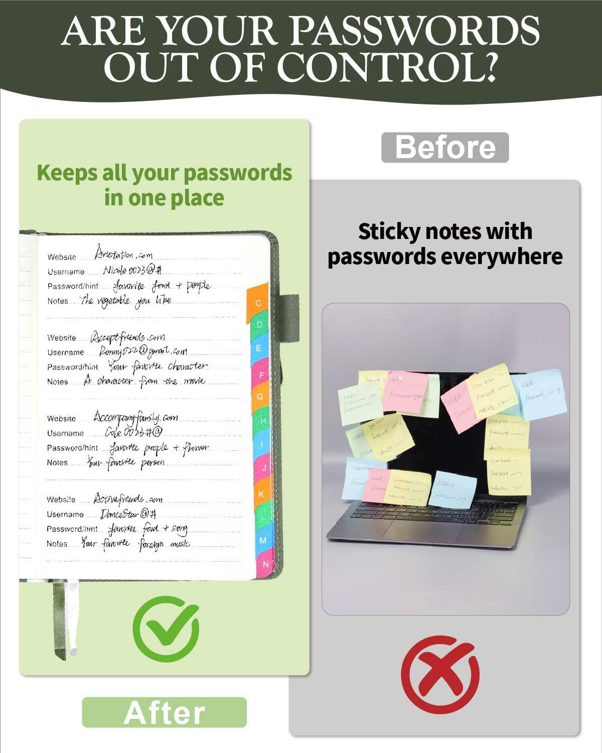 Password Keeper Book with Colorful Alphabetical Tabs, Hardcover Password Log-book for Internet Password and Website Address, 5.8"×8.4" Password Notebook for Home Office (Sage Green)