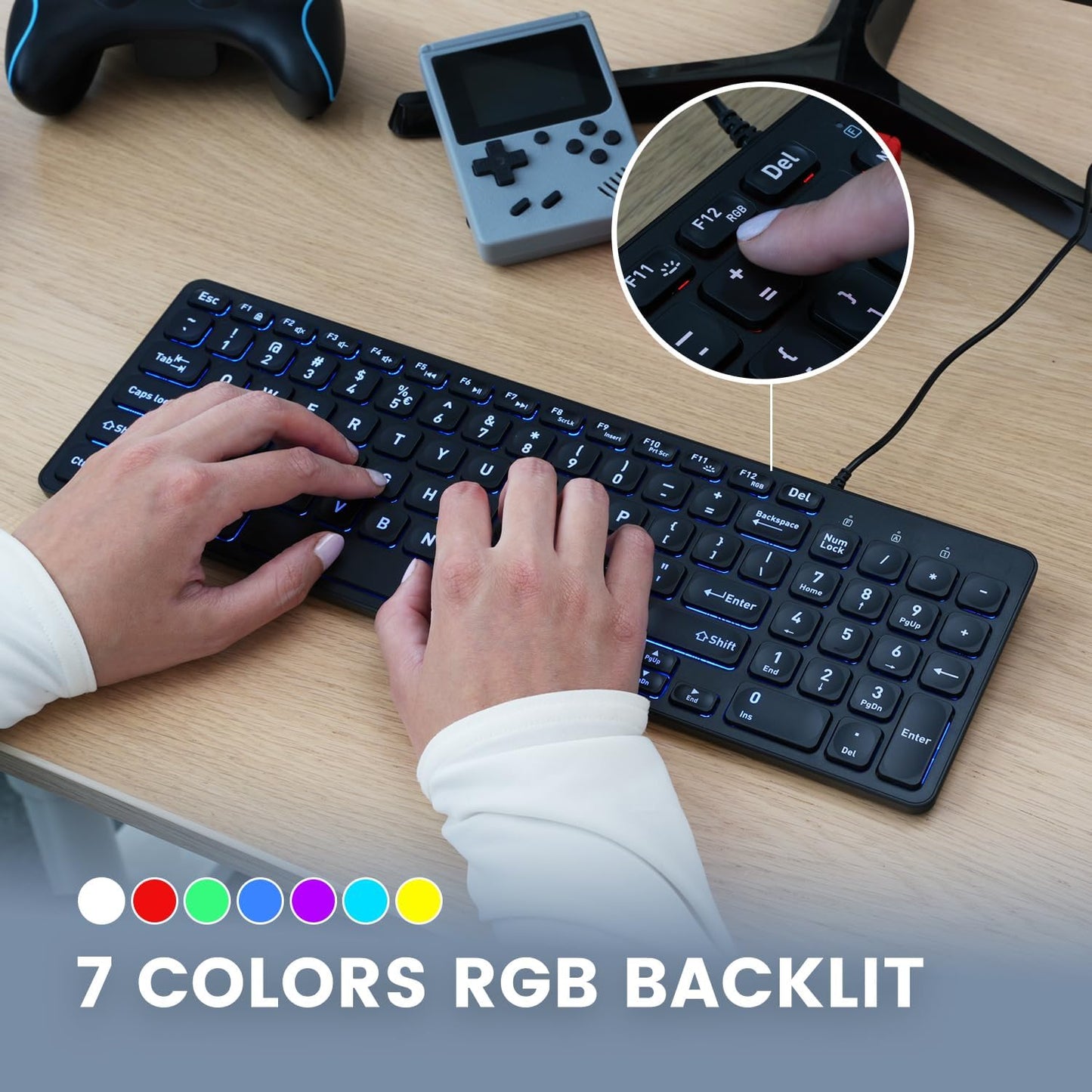 Perixx PERIBOARD-333RGB Wired Backlit USB Keyboard- X Type Scissor Keys - Compact 14.25x4.57x0.83 Inches - Big Print Letters - RGB Backlit - US English