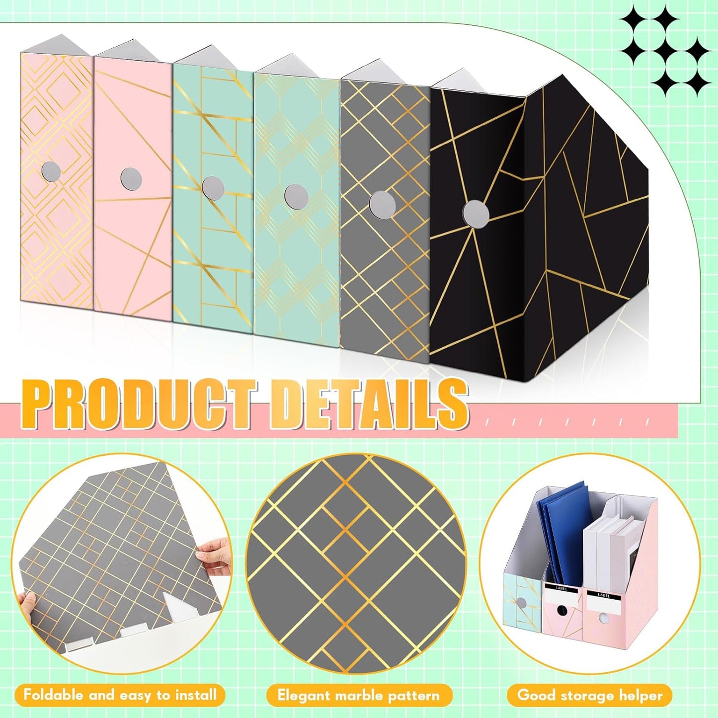 PerKoop 6 Pcs Magazine File Holder Foldable Decorative Cardboard File Folders 6 Patterns Floral Colored Magazine Rack with Printable Sticker Labels for School Office Home Desk (Geometric Lines)