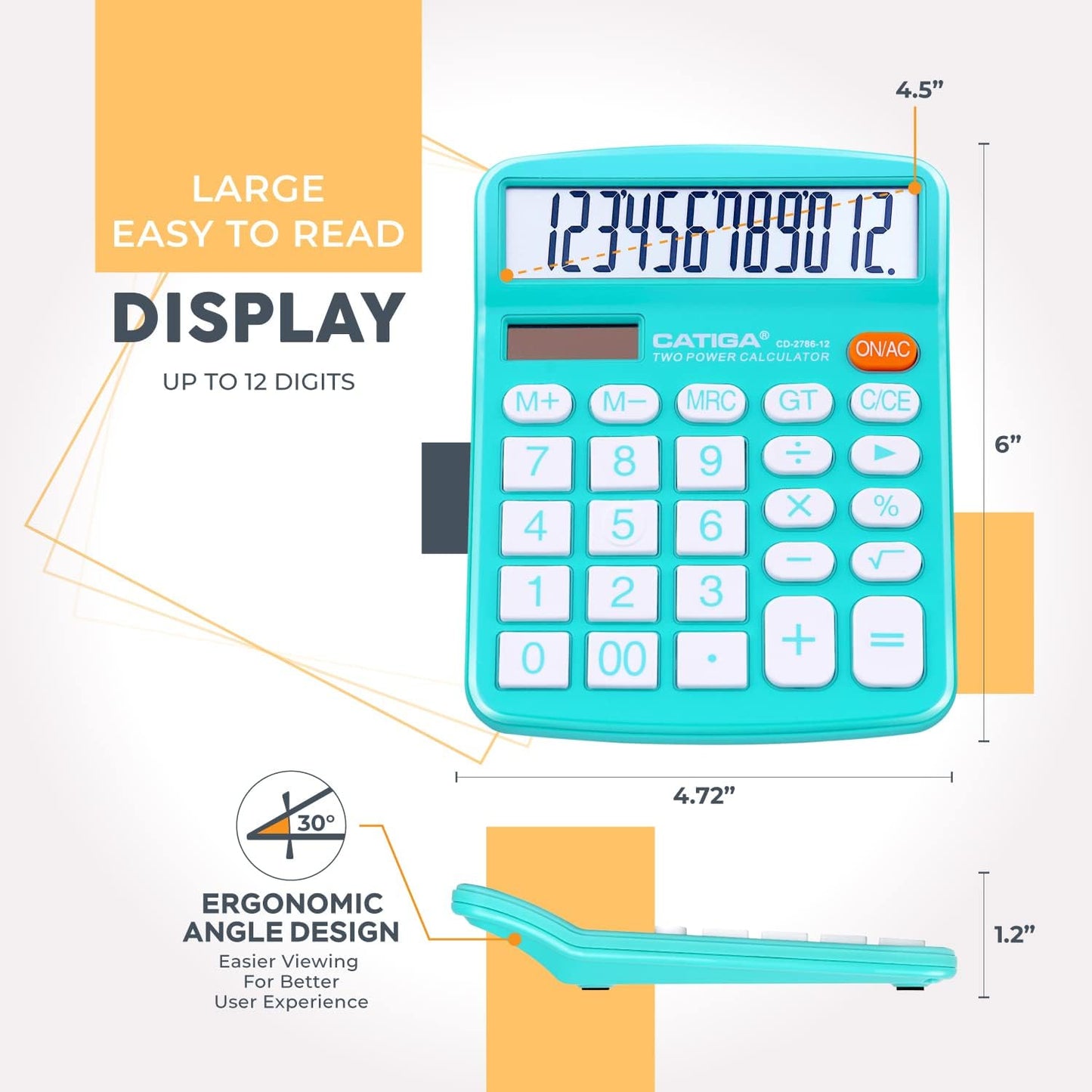 CATIGA Desktop Calculator 12 Digit with Large LCD Display and Sensitive Button, Solar and Battery Dual Power, Standard Function for Office, Home, School, CD-2786