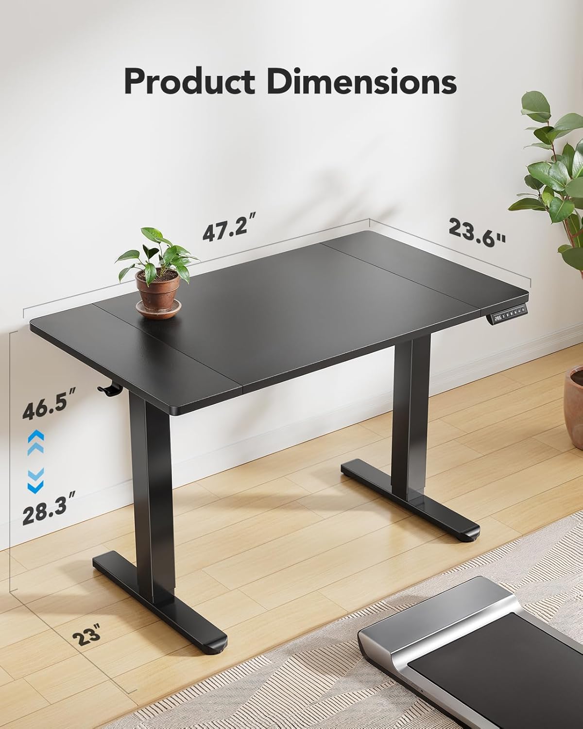HUANUO 48 x 24 inch Electric Standing Desk, Height Adjustable Table with Headphone Hooks & Cable Manager, Sit to Stand up Desk for Home Office, Black