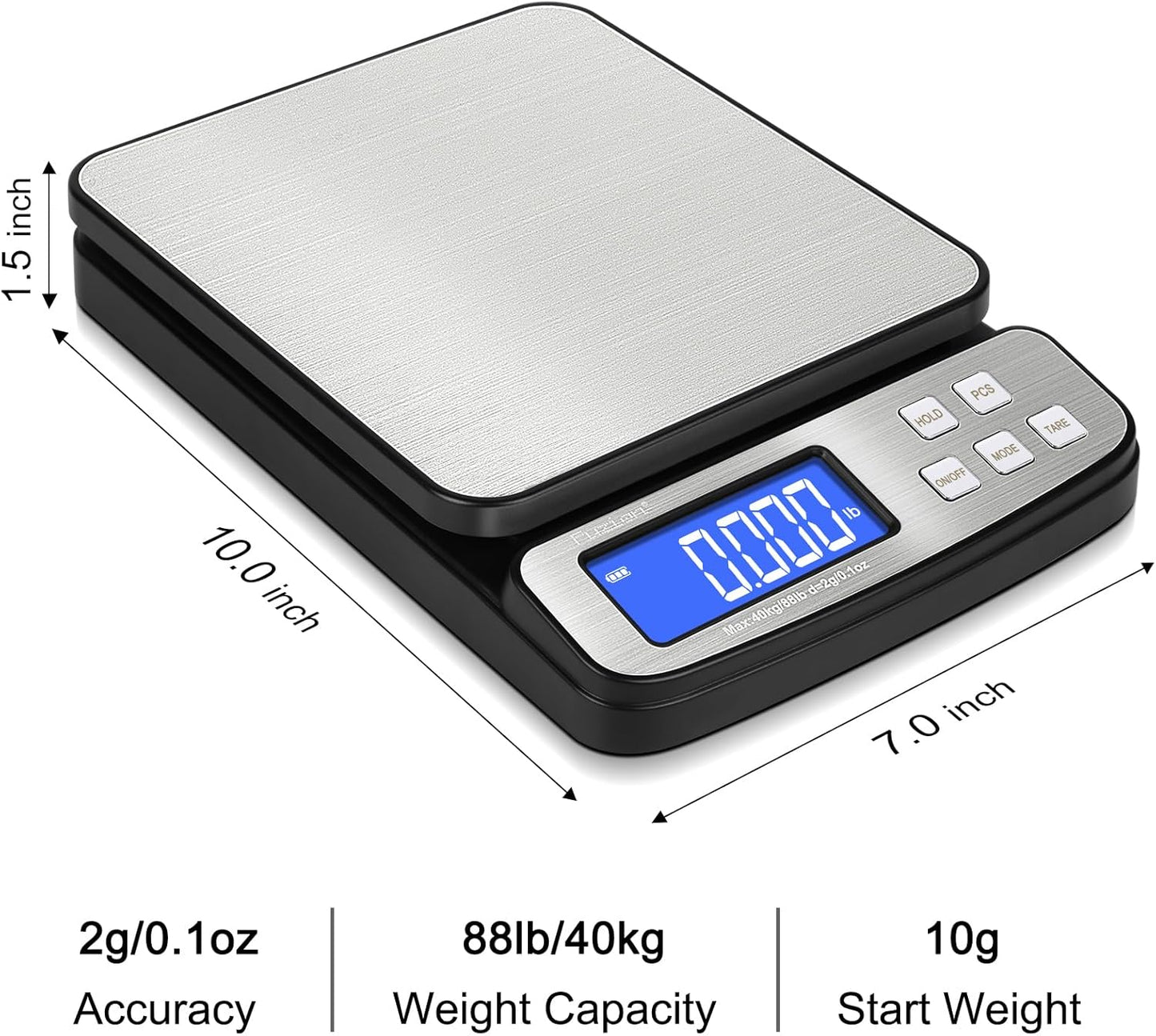 Fuzion Digital Shipping Postal Scale - 88lb x 0.1oz, Stainless Steel Platform, 5 Units, Hold/Tare/PCS Counting, Easy Calibration, Large LCD, Scale for Packages, All-in-1 Shipping Scale