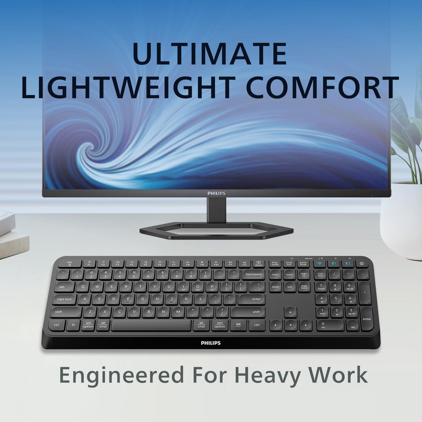 PHILIPS Professional Wireless & Bluetooth Keyboard - Standard-Layout Keyboards with 2.4GHz USB-Receiver, 3-Channel,Ergonomic & Quiet Design, Comfortable & Efficient for PC/Laptop/Pad