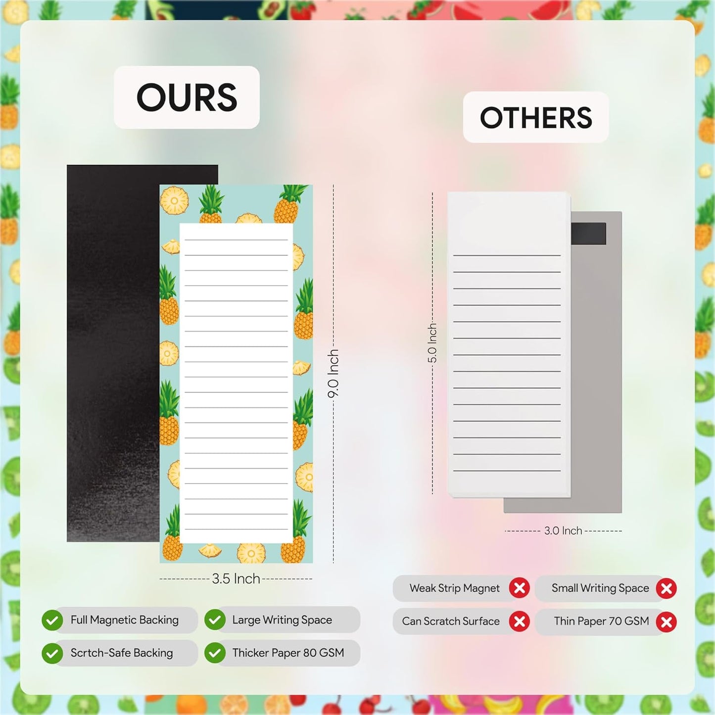 8 Magnetic Notepads – Notepads for Grocery List, Shopping List, To-Do List, Reminders -Strong Magnetic Back- Memo Notepad with Realistic Fruit Designs | 25 Sheets per Pad 7.5 x 3.5 inch (8 Pack)