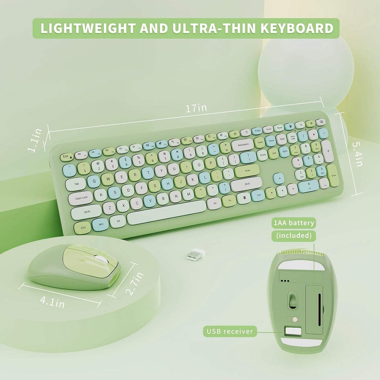 Wireless Keyboard and Mouse Combo, Colorful Ergonomic Full Size Retro Low-Noise Keyboard with Cute keycaps, Compatible with Windows, PC, Perfer for Home and Office Keyboards (Green)