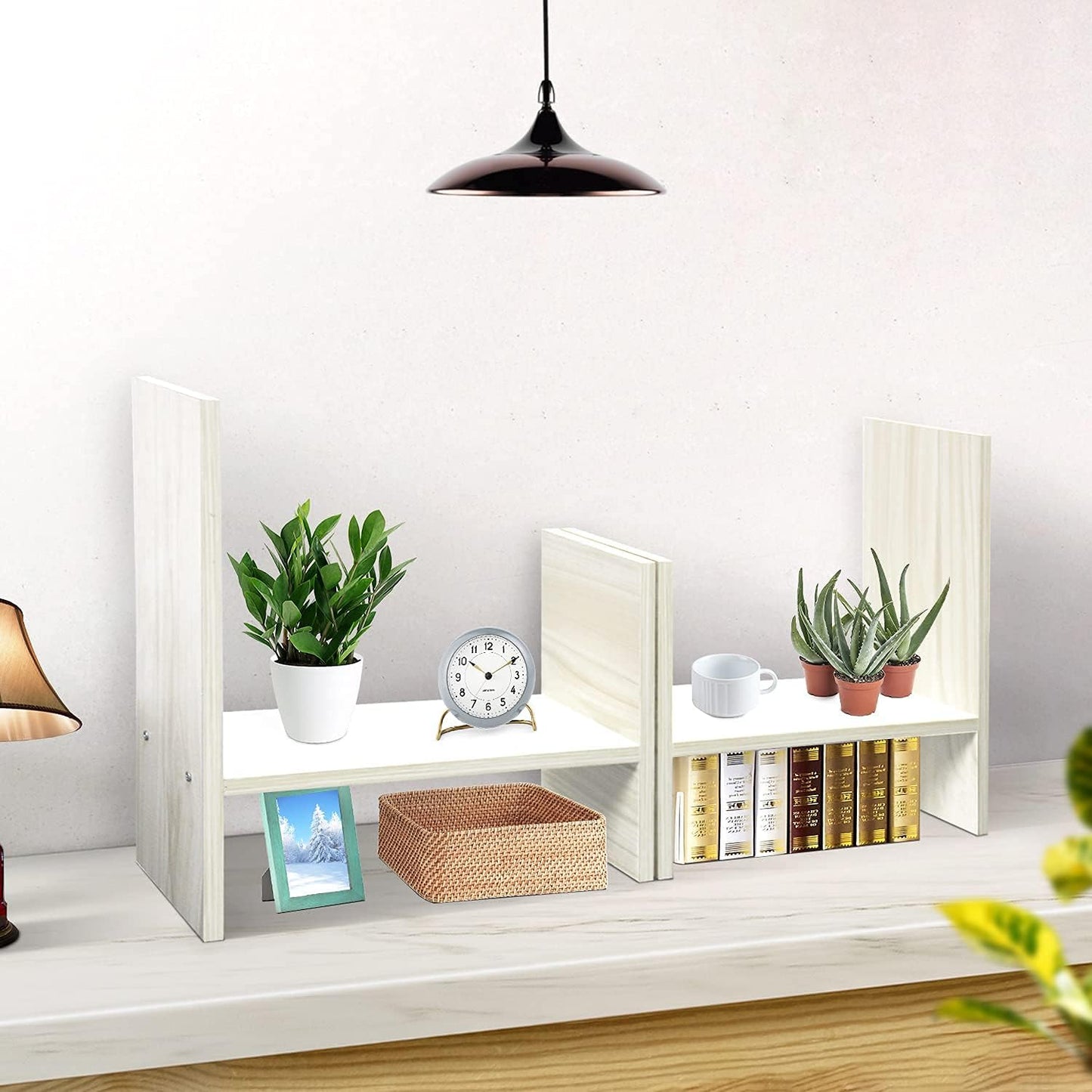 J.M.Deco Desktop Organizers and Storage for Office, Adjustable Desk Organizer Shelf Double H Display, True Natural Stand Shelf, Desktop Organizer White Wood Tone