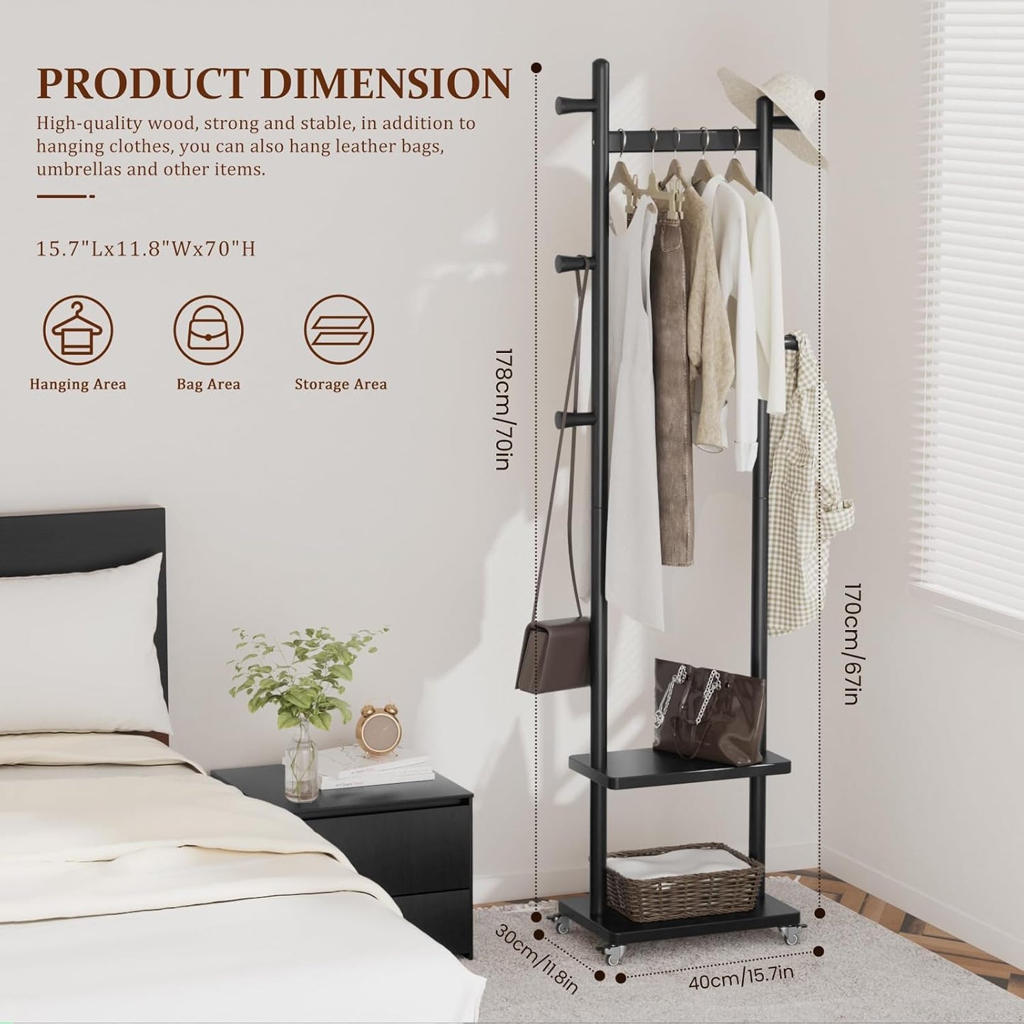 Coat Rack Freestanding Clothing Rack with Wheels & 2 Shelves Storage & 5 Hooks Heavy Duty Clothes Rack Wood Coat Tree Stand Hat Hanger Rack for Corner Bedroom Entryway Living Room Hotel