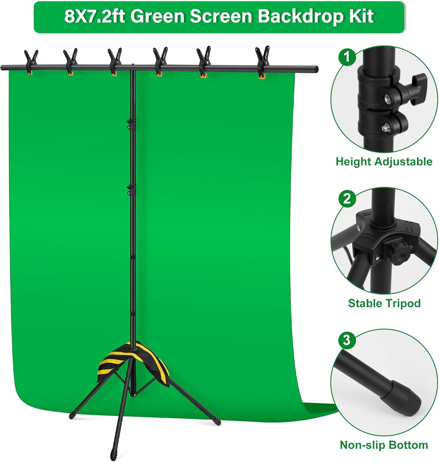 Green Screen Backdrop Kit 8X7.2ft,Portable greenscreen Background with Stand,Adjustable T-Shape Photo Backdrop Stand for Photography, Streaming,Video,Studio,Party,Zoom