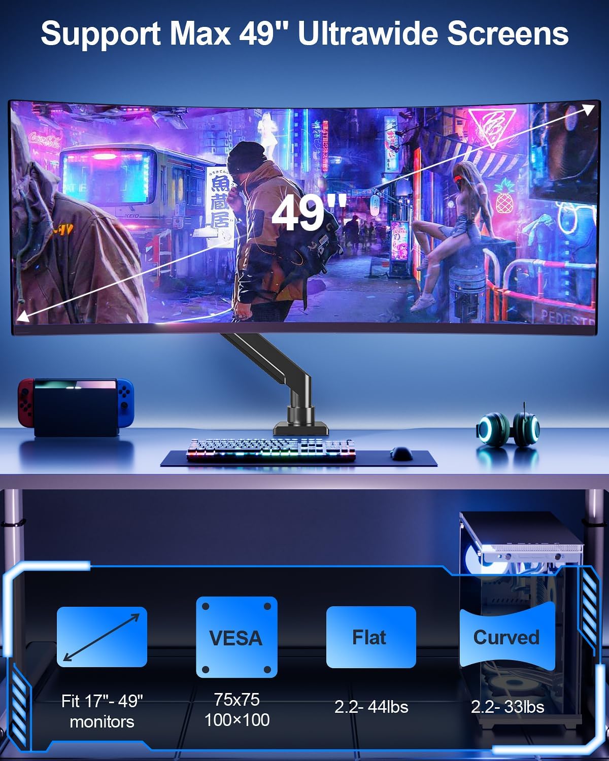 MOUNT PRO Heavy Duty Monitor Arm for Max 49 Inch Ultrawide Screens up to 44 lbs, Aluminum Premium Single Monitor Mount for Samsung Odyssey G9 and More, Adjustable Display Desk Stand, VESA 100x100mm