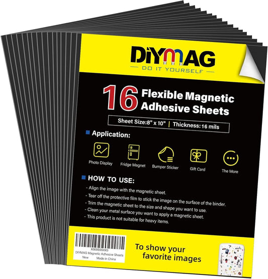 DIYMAG 16Pack Magnetic Adhesive Sheets, Magnetics Sheets with Adhesives Backing, 8x10 Inch Flexible Magnet for Crafts Photos and Die Storage Easy to Cut
