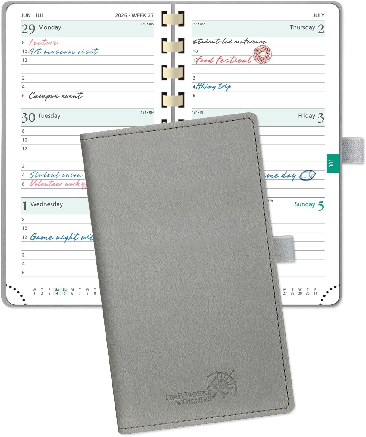 POPRUN 2026 Pocket Planner (Slim Size 3.5" x 6.5") Weekly and Monthly Calendar for Purse, with Hourly Time Slots, 100GSM Thick Paper, Spiral Soft Cover, Pen Holder - Grey