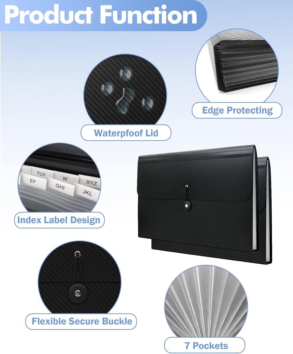 Cesil Black 7-Pocket Expanding File Folder, 33x24x3.5cm, A4, Letter, Polypropylene, Paper, 1x