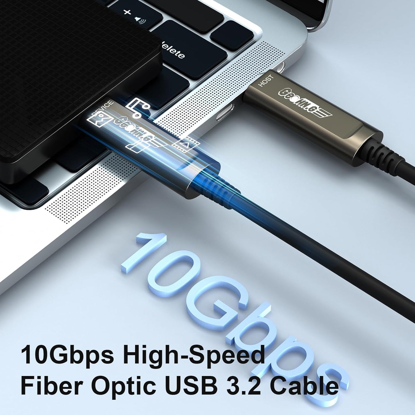 GeoHN.G USB C to C Fiber Optic Cable 50M/165FT, USB 3.2 10Gbps Long Distance Data Transfer USB C Extension Cable for VR, Camera, Mini PC, Laptop, Webcam, Printer and More