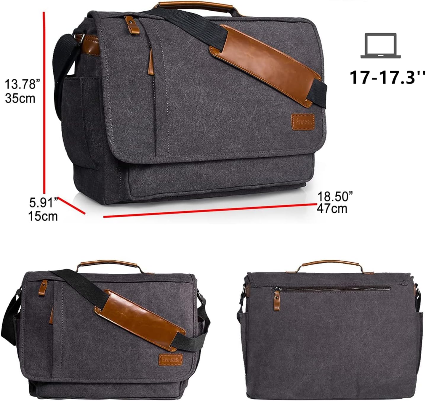 ESTARER Laptop Messenger Bag 17-17.3 Inch Water-resistant Canvas Shoulder Bag for Work College, Grey