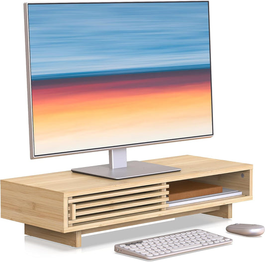 Monitor Stand Riser with Sliding Door, Computer Laptop Stand Desk Shelf Organizer with Storage (Natural Bamboo, 25 Inch)