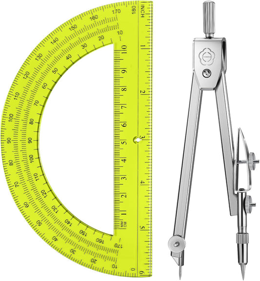 EBOOT Student Geometry Math Set, Drawing Compass and 6 Inch Swing Arm Protractor 180 Degree Math Protractor(Yellow)