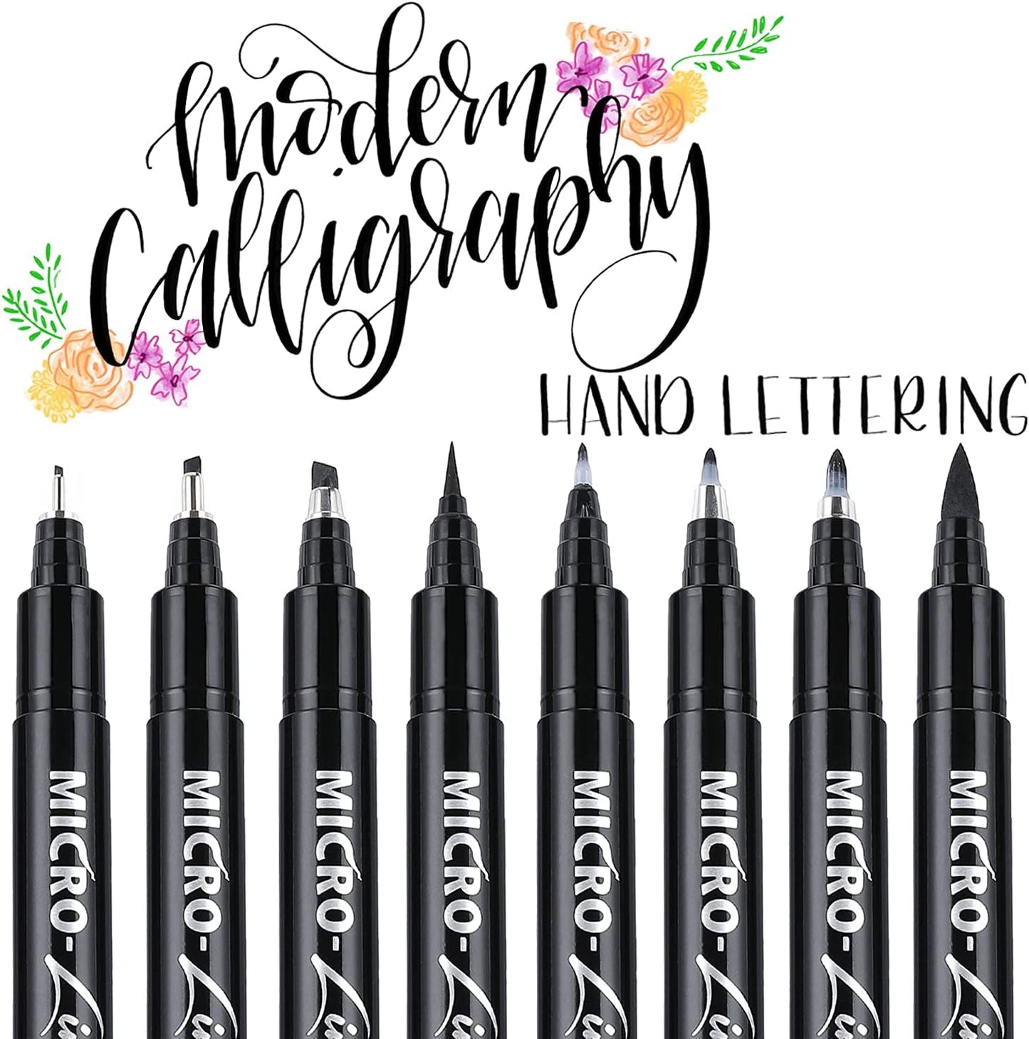 Dyvicl Hand Lettering Pens, Calligraphy Brush Pens Art Markers for Beginners Writing, Sketching, Drawing, Illustration, Scrapbooking, Journaling, Black Ink Pen Set, 8 Sizes