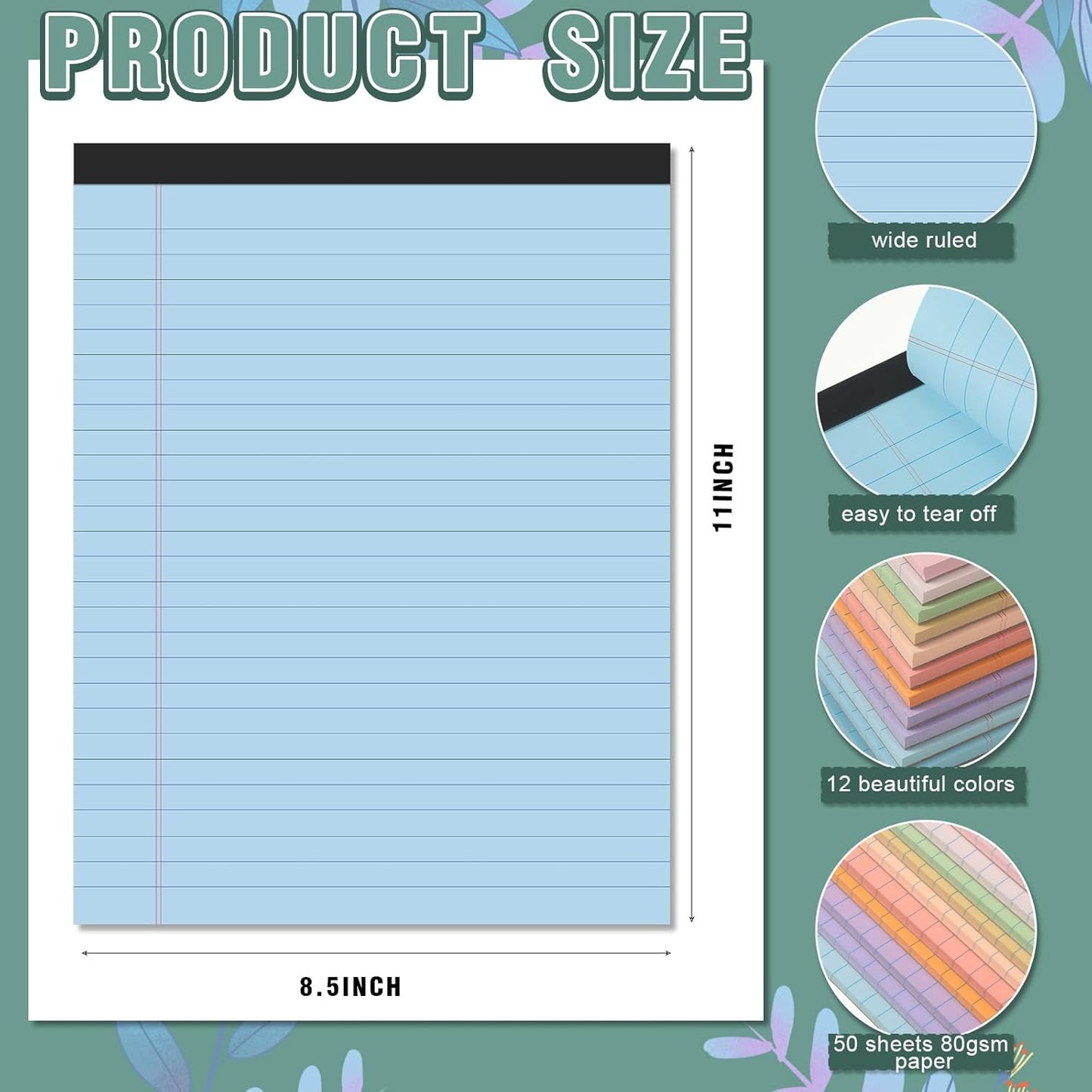 Lincia 12 Pcs Colored Legal Pad Writing Pads 8.5 x 11 Inch Wide Ruled 50 Sheets Per Notepad Micro Perforated Writing Notepad for School, College, Office, Business (Multicolor)