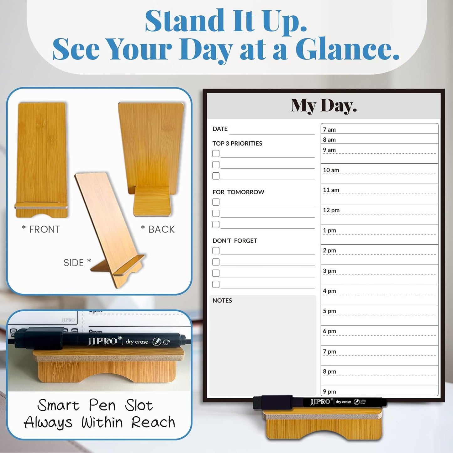 JJPRO Reusable Desktop Daily Planner with Stand,Hourly Dry Erase Board,11"x8.5" Hourly Schedule Board,Dry Erase Time Schedule with Time Slots,Reusable Desk Hourly Dry Erase Board with Detachable Engineered Wood Stand for Office, Home