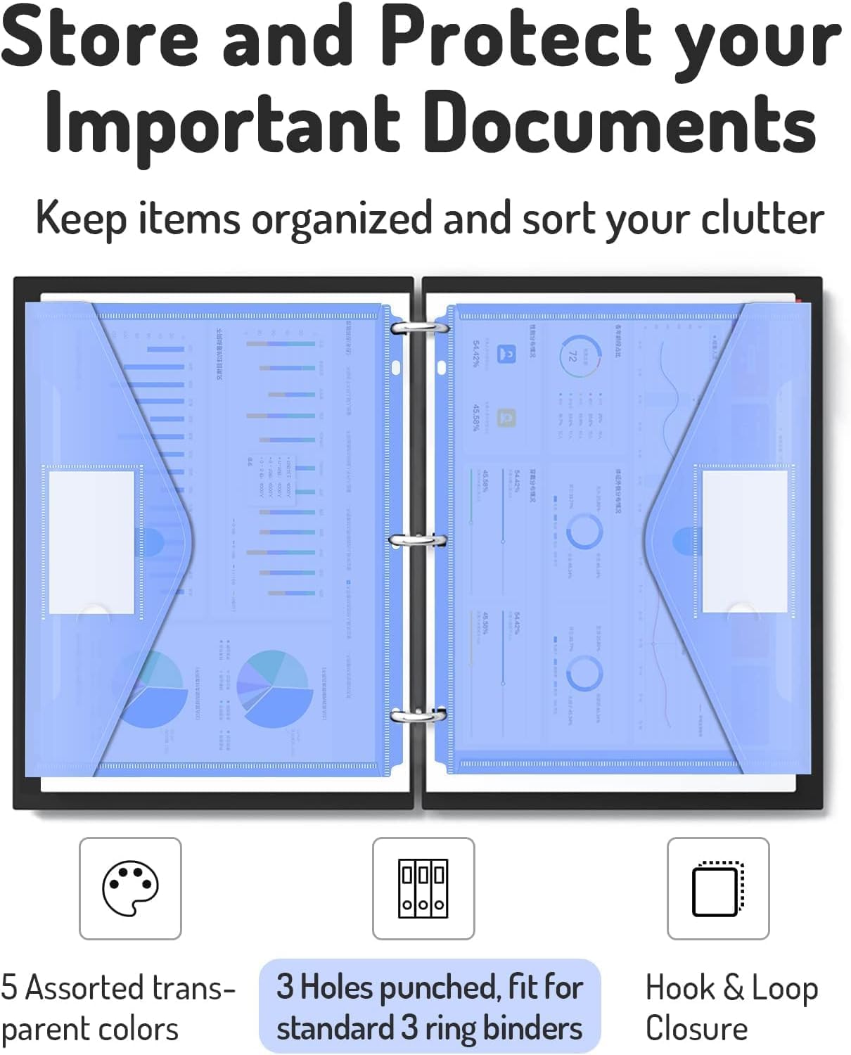 Forvencer Binder Pocket, 48 Pack Super Heavyweight Poly Binder Pocket with Tight Closure, File Folders Side Loading, 3 Ring Binder Organizer, Letter Size, Assorted Colors