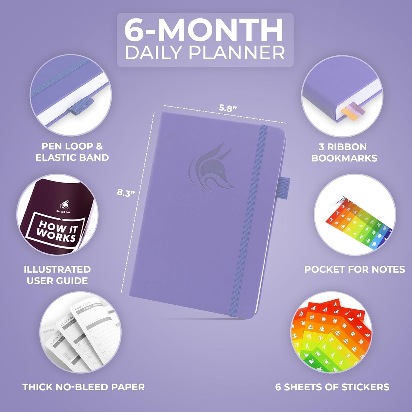 Clever Fox Daily Planner – Undated Planning Notebook with Hourly Schedule & To-Do List – Personal Day Task & Work Organizer, 6 Months (Lavender)