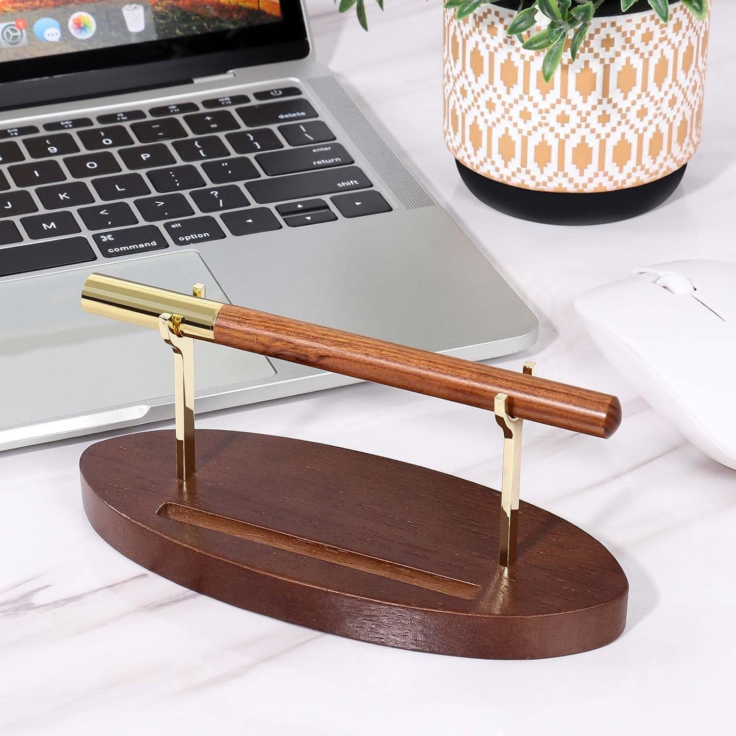 Pen Holder Desk Organizers and Accessories Desk Decor ，Exquisite Wooden Pen Holder ，with a Cool Pen and Two Refills for Office and Home (Style B)