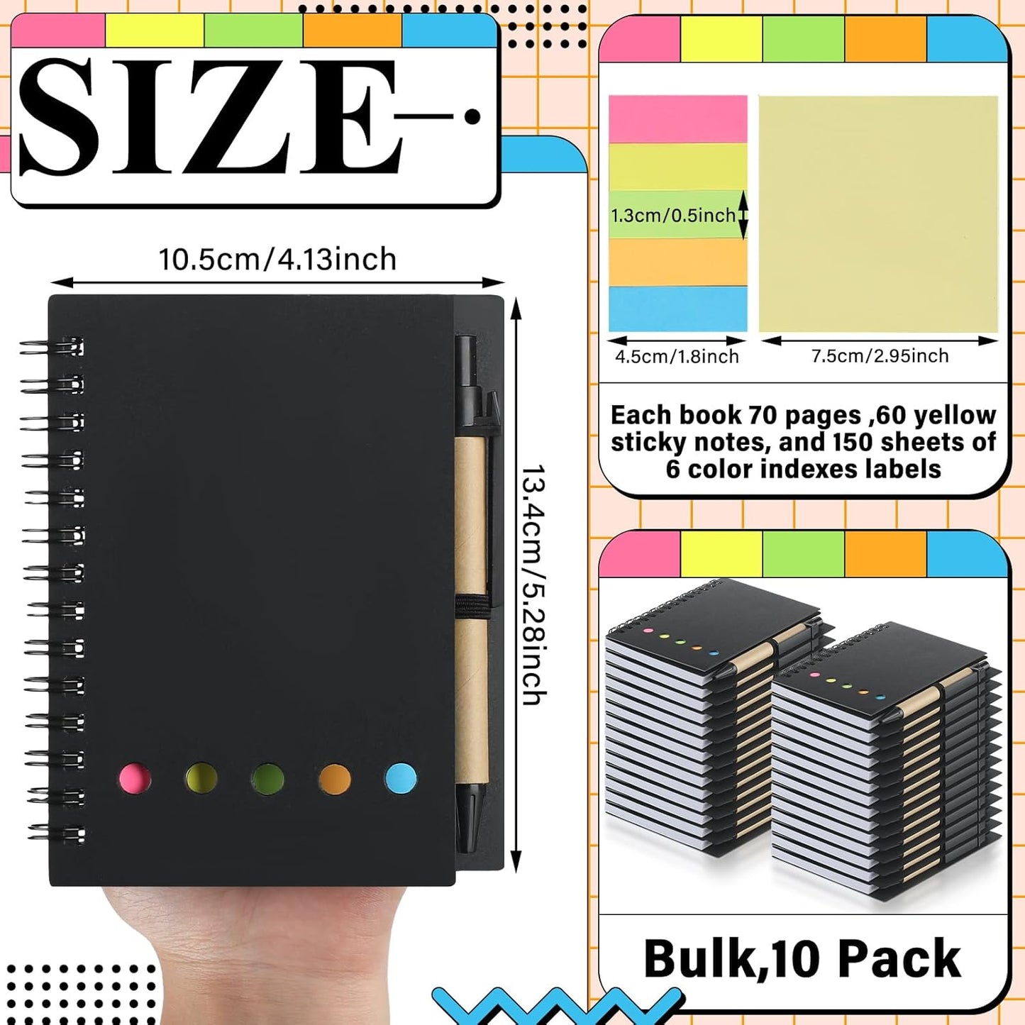 Qilery 10 Pack Lined Spiral Notebook Small Notepad and Pen Set Steno Pads Lined Notepad Black Pocket Notebook for Business Office School Supplies