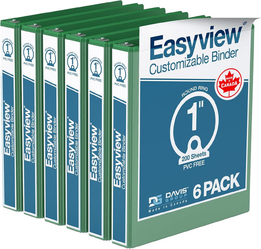 Easyview Premium 3-Ring Binders with Clear-View Covers and Round Rings, Binders for School or Office, 1 Inch, Pack of 6, Green