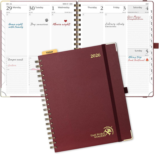POPRUN 2026 Planner (Large Size 10'' x 8'' Wire-Bound Hard Cover) Daily Weekly and Monthly Calendar - Agenda 2026 (Jan.2026-Dec.2026) with Hourly Schedule, Monthly Tabs - Burgundy